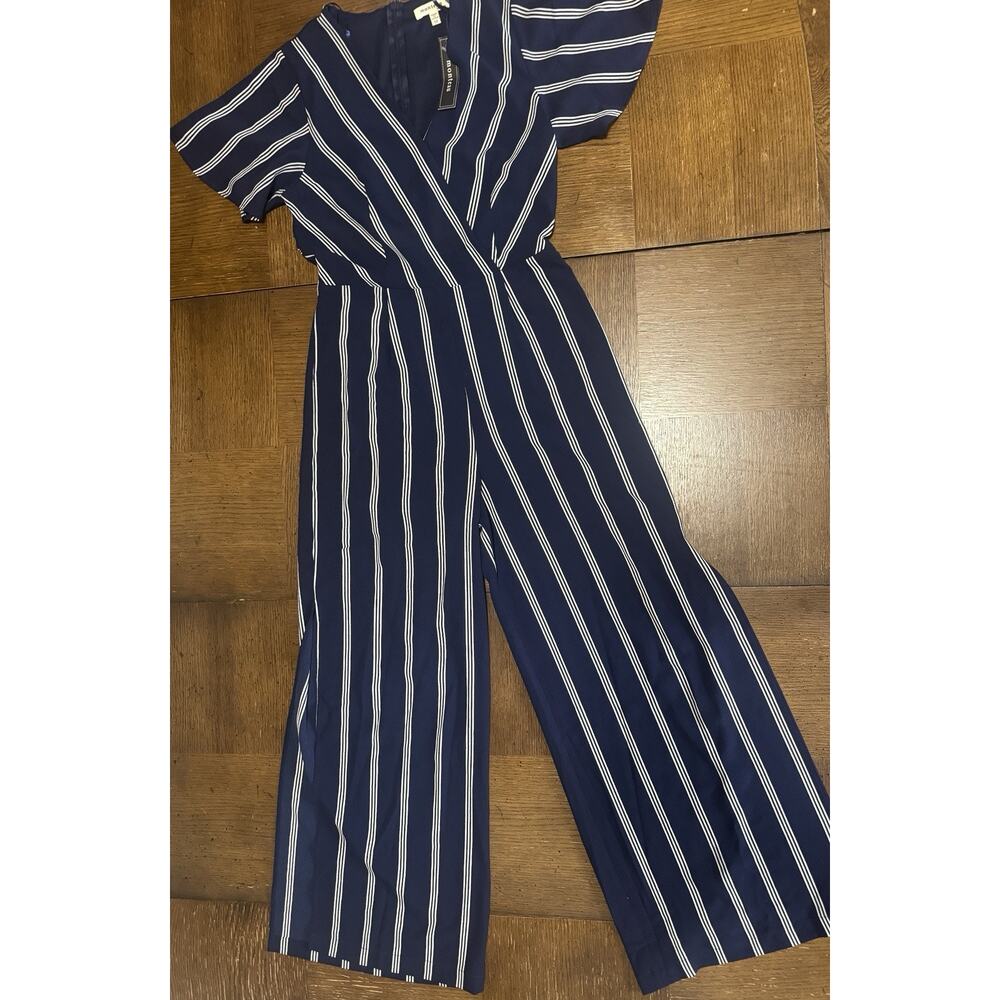 Monteau Jumpsuit Women’s Size M Blue White Stripe Wide Leg Side Slit NWT